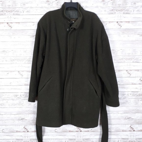 Bachrach Mens Wool Coat L Belted Green Zip
